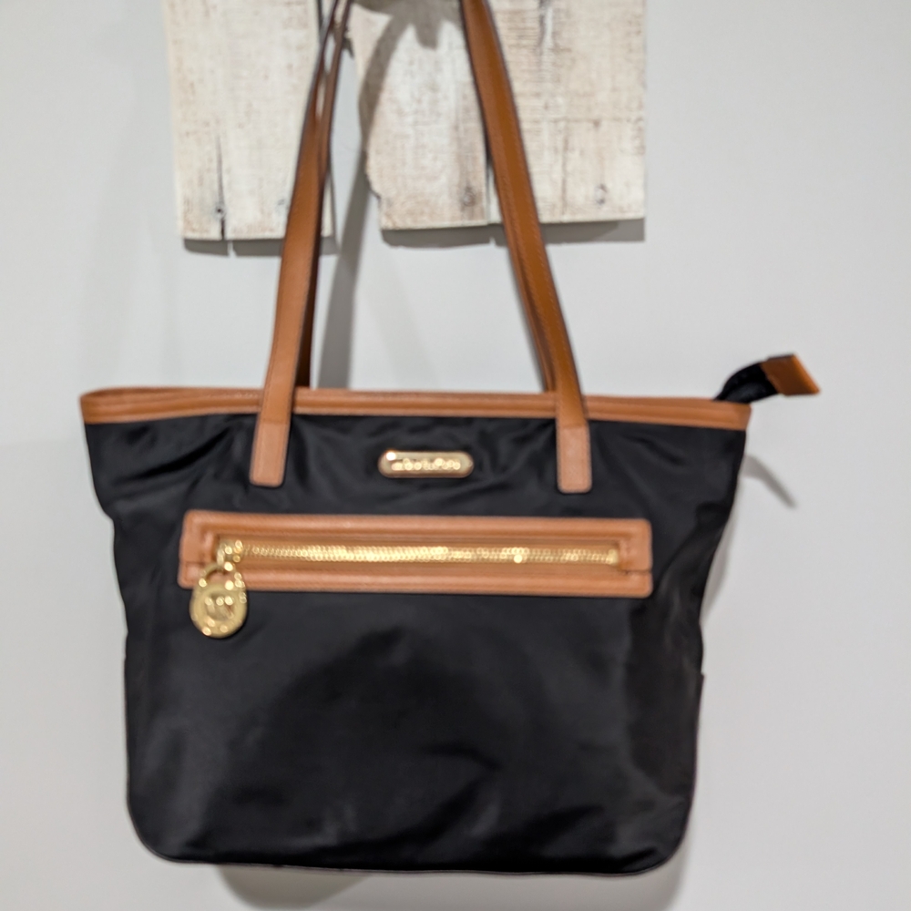 Black and Tan Tote Bag with Front Zip Pocket
